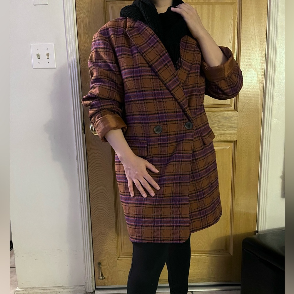 A New Day Dark Orange Brown Rust Plaid Tartan Oversized Preppy PeacoatMedium